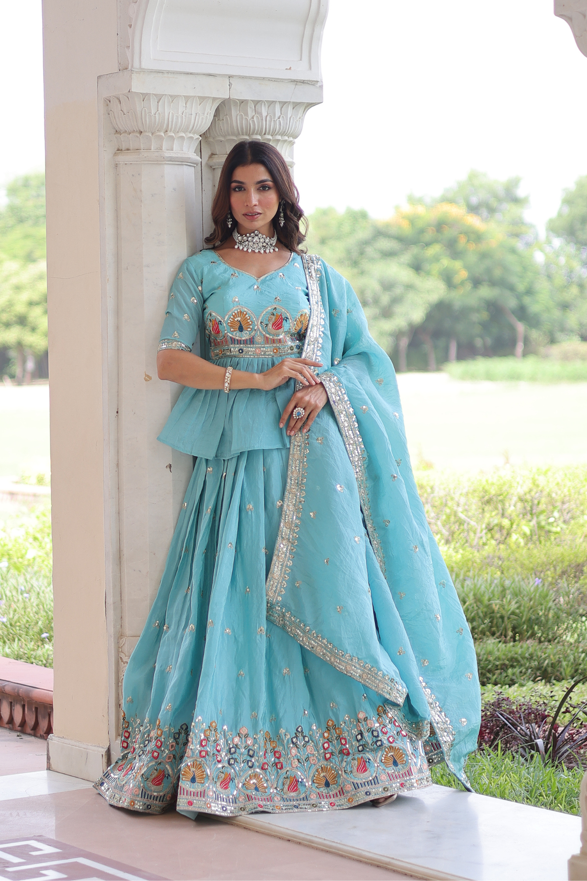 Aqua Blue Designer Embroidered Lehenga Choli Set for Women