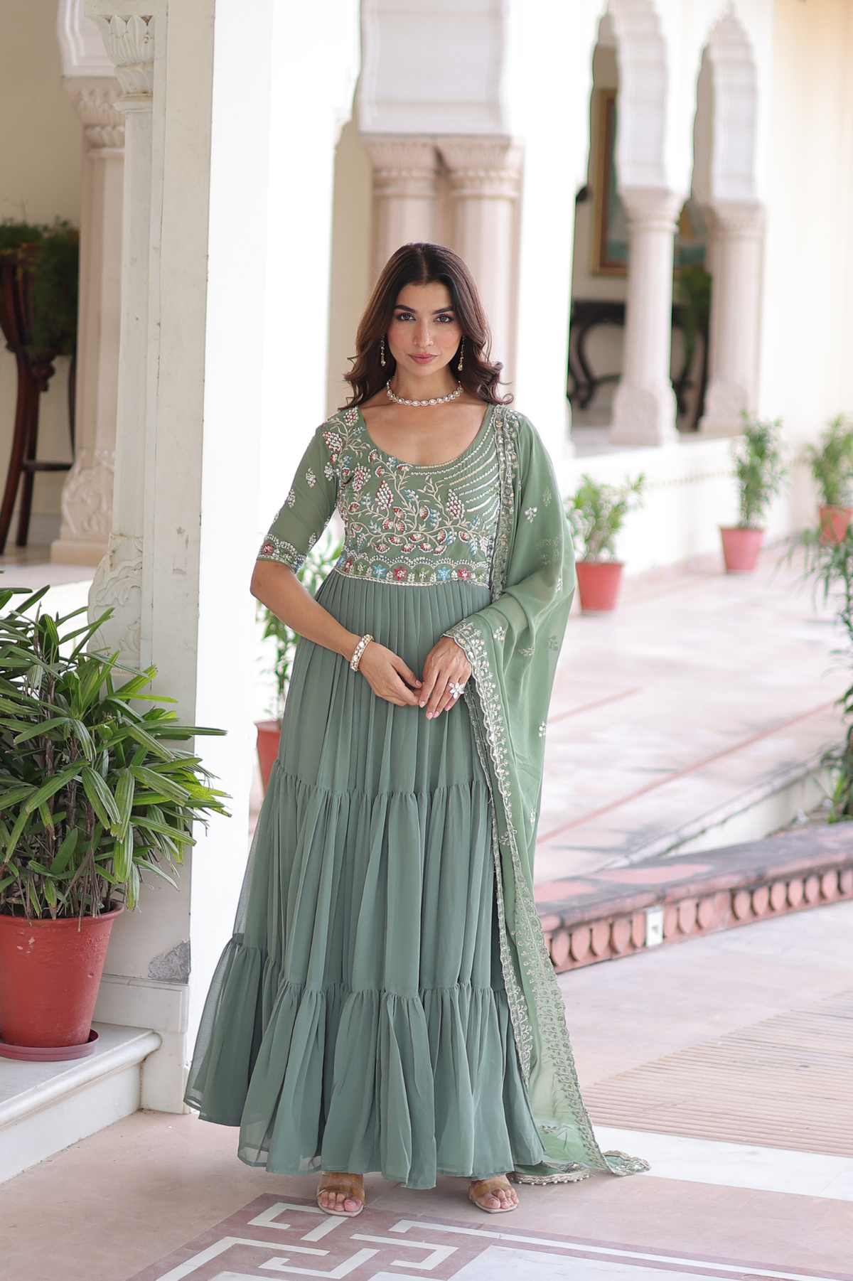 Women's Pista Green Embroidered Anarkali Gown with Dupatta