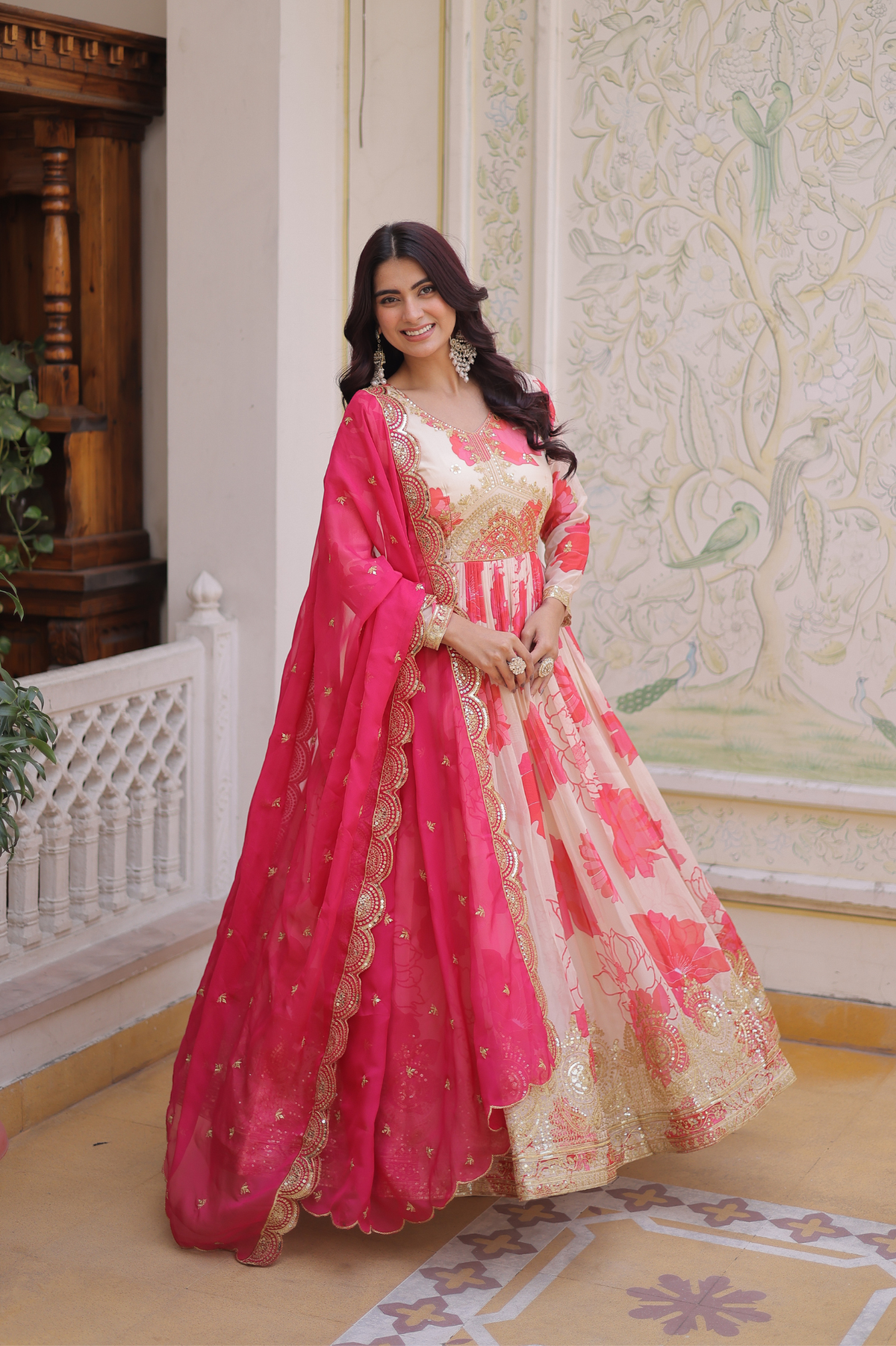 Luxury Floral Printed Anarkali Gown for Women with Embroidered Dupatta