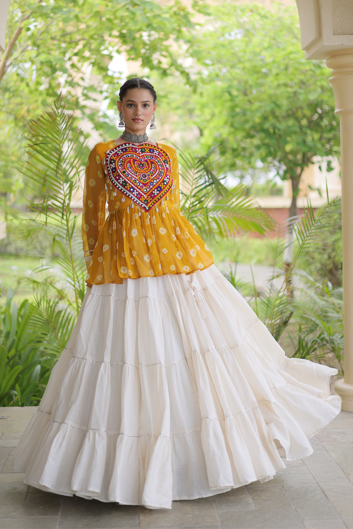 Women’s Designer Black Embroidered Peplum Top with White Flared Lehenga Skirt