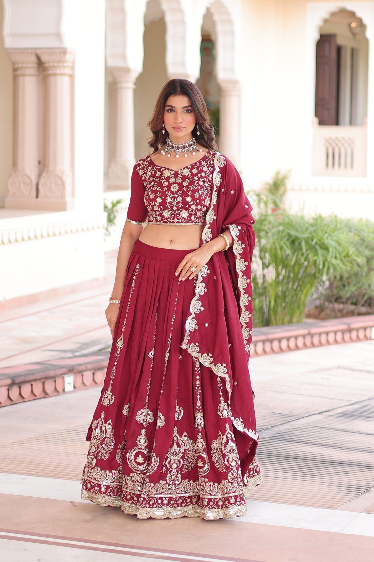 Traditional Maroon Bridal Embroidered Lehenga Choli Set for Women