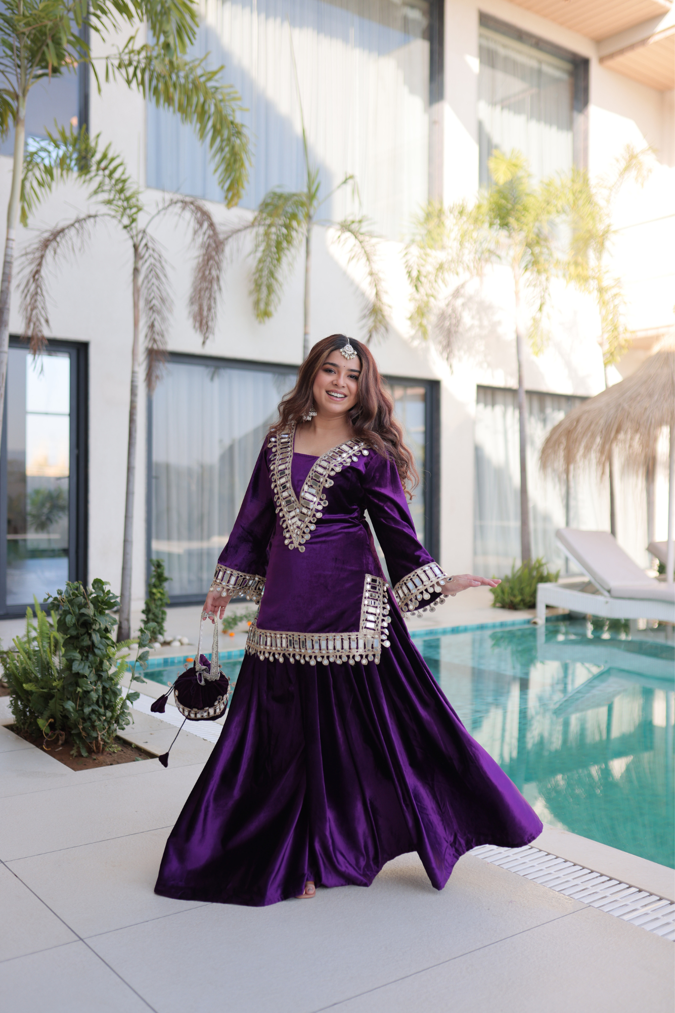Velvet Mirror Work Kurti Palazzo Set with Batwa