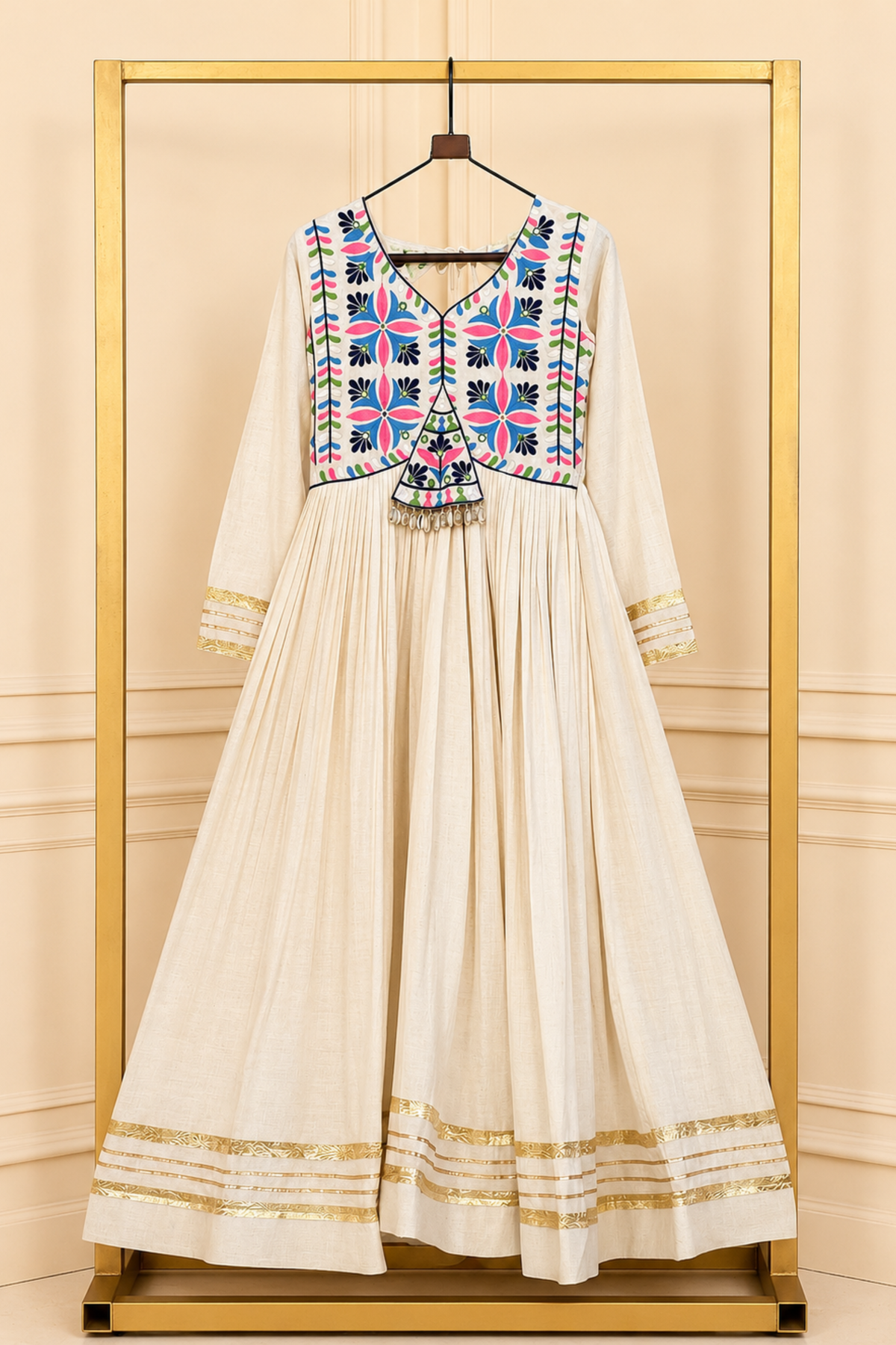 Women’s Designer Anarkali Gown with Embroidered Bodice & Gold Border | Festive Ethnic Wear