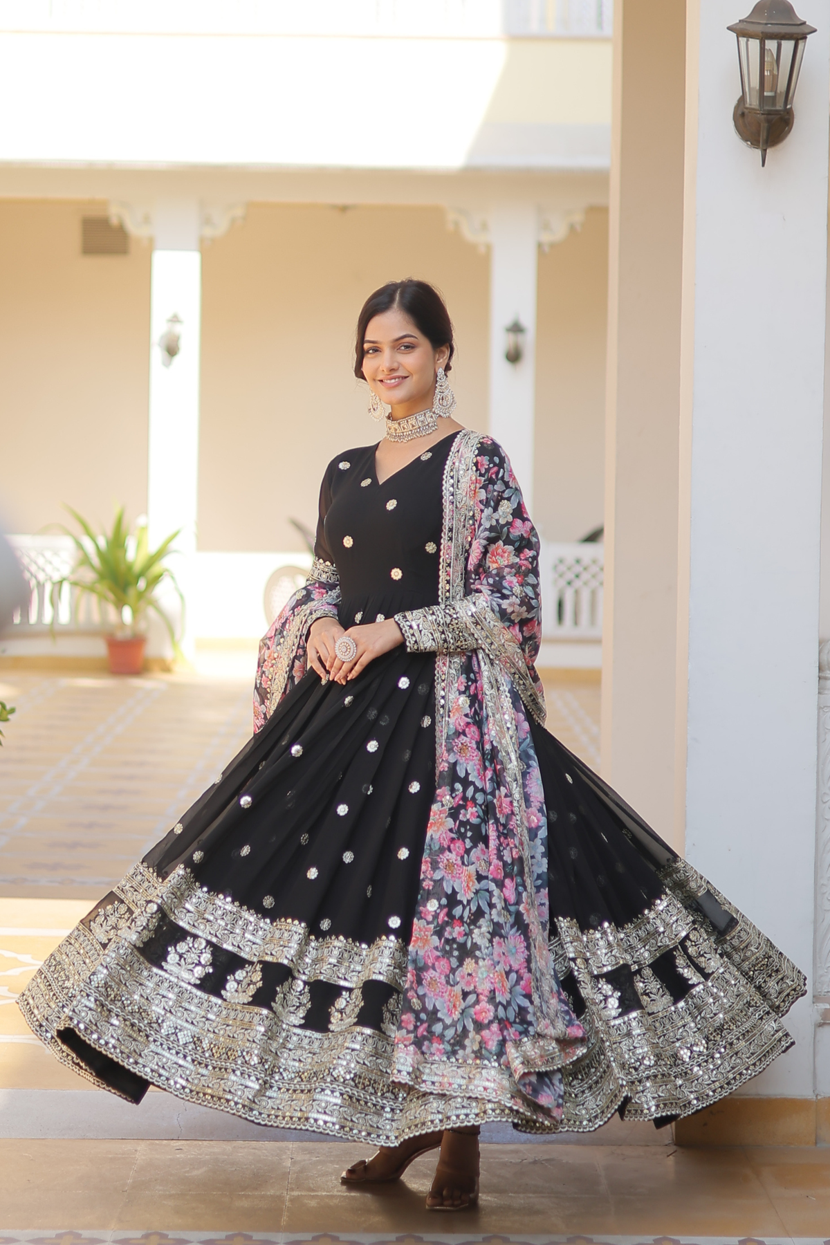 Women's Designer Sequins Embroidered Anarkali Gown with Floral Printed Dupatta