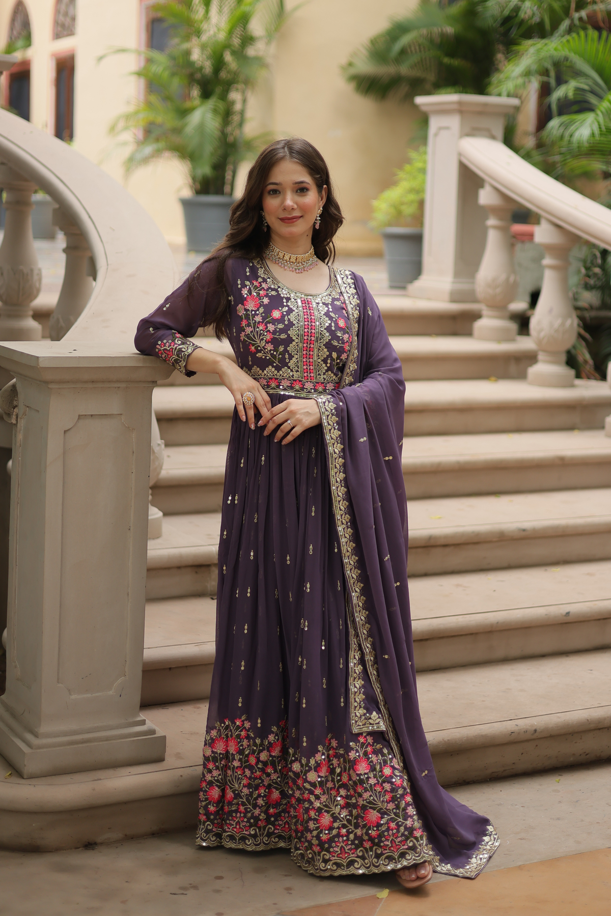 Women's Designer Floral Embroidered Anarkali Gown with Dupatta