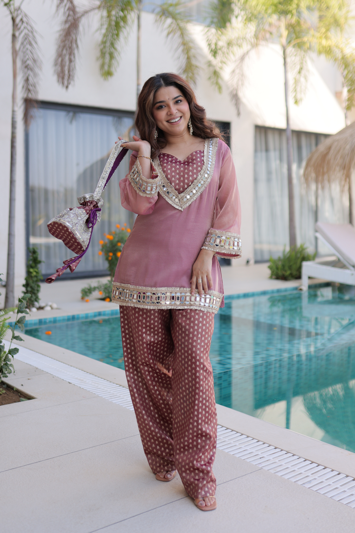 Women's Mirror Work Co-ord Set with Pant & Batwa