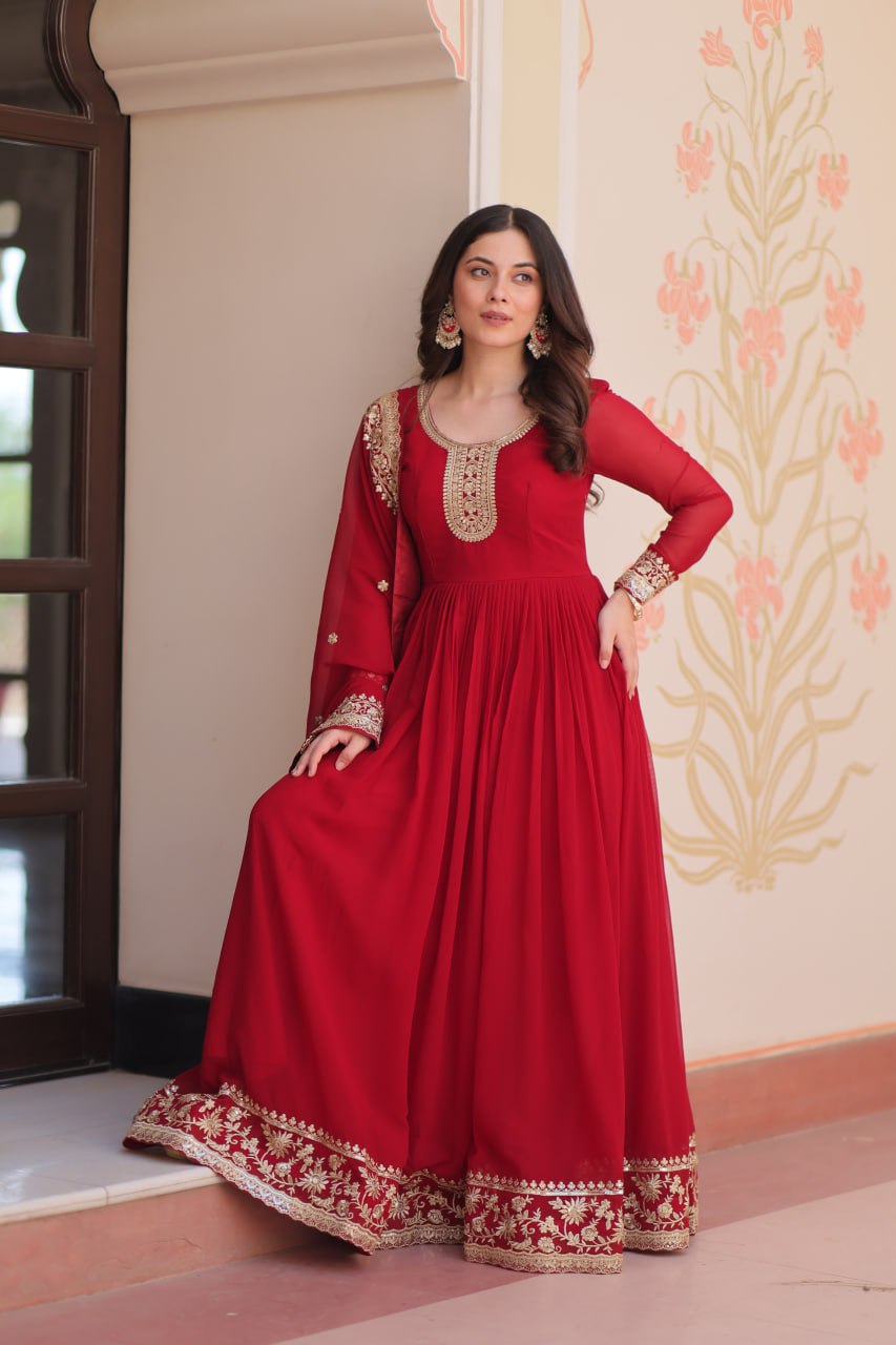 Women's Embroidered Georgette Anarkali Gown with Dupatta