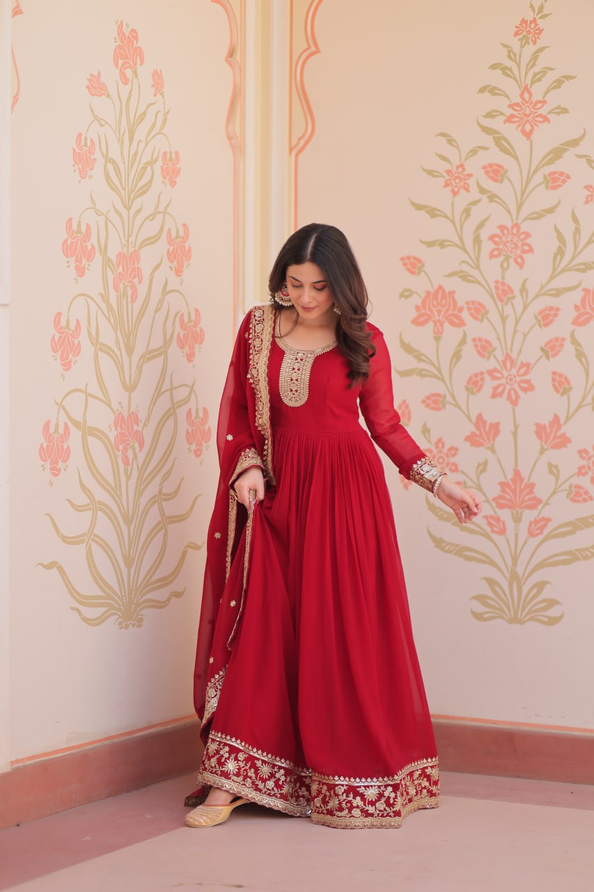 Women's Embroidered Georgette Anarkali Gown with Dupatta