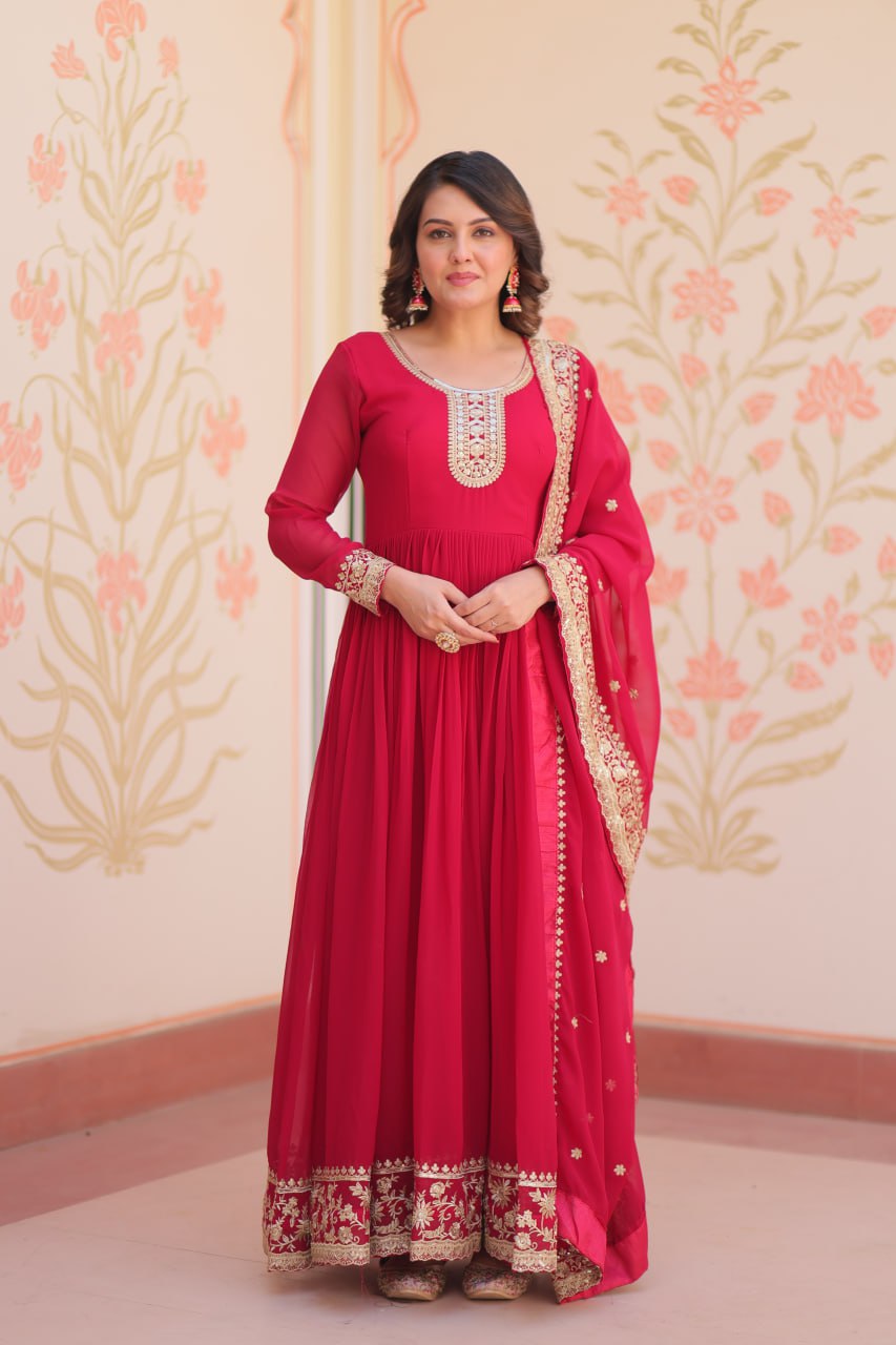 Women's Embroidered Georgette Anarkali Gown with Dupatta