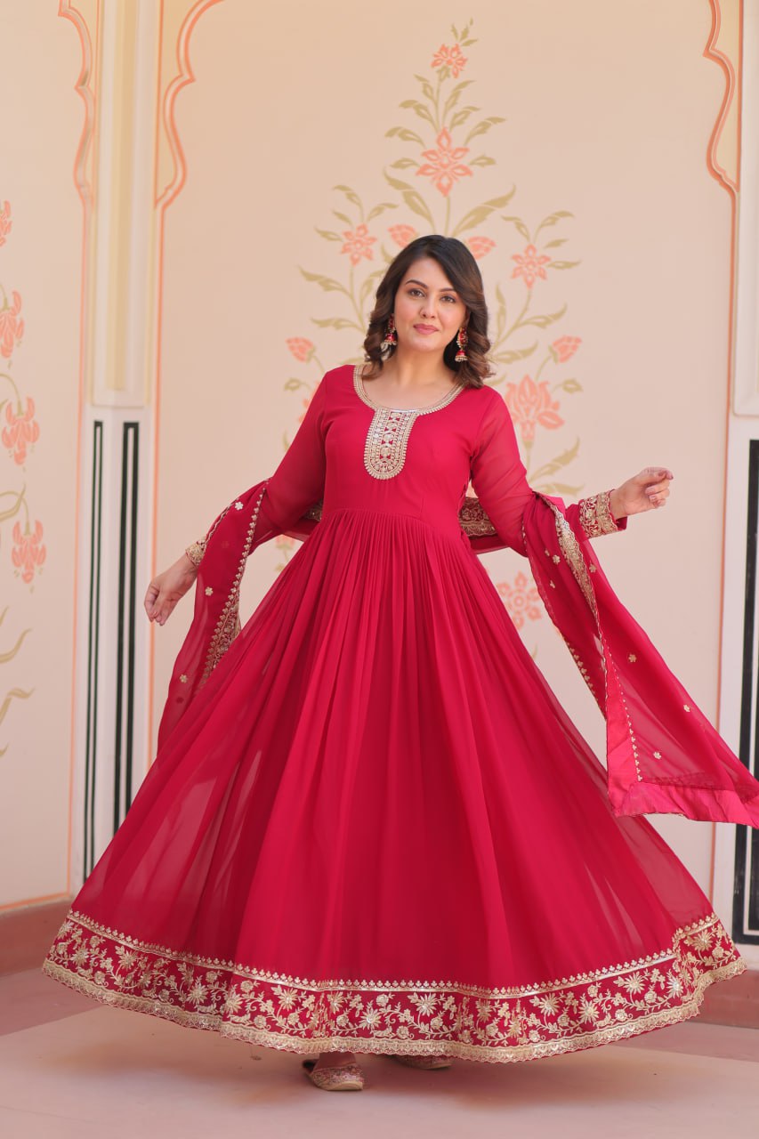 Women's Embroidered Georgette Anarkali Gown with Dupatta