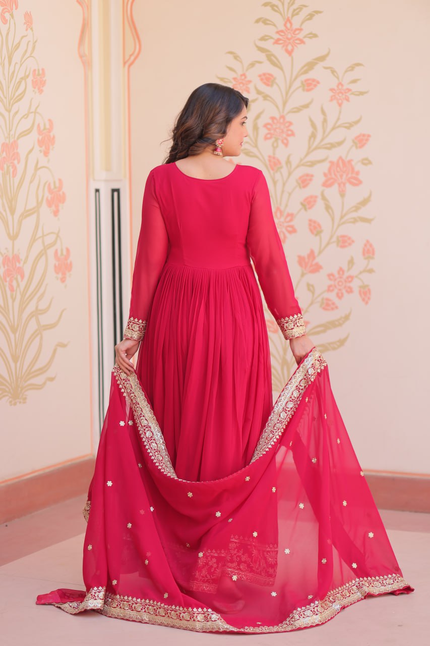 Women's Embroidered Georgette Anarkali Gown with Dupatta