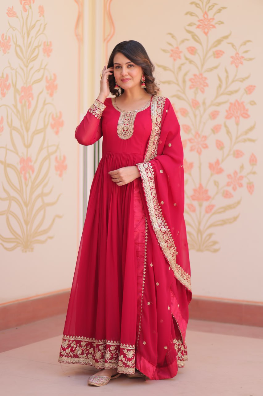 Women's Embroidered Georgette Anarkali Gown with Dupatta